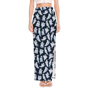 White Ghost Pattern Print High Slit Maxi Skirt