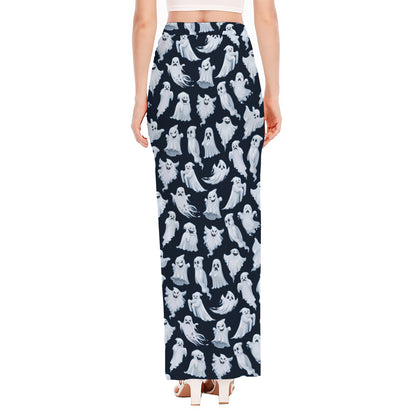 White Ghost Pattern Print High Slit Maxi Skirt