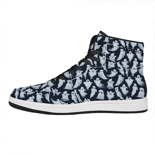 White Ghost Pattern Print High Top Leather Sneakers