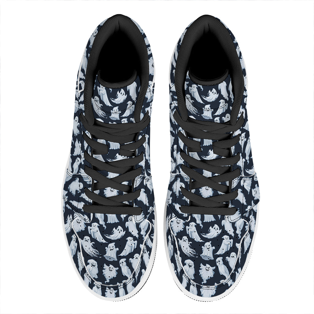 White Ghost Pattern Print High Top Leather Sneakers