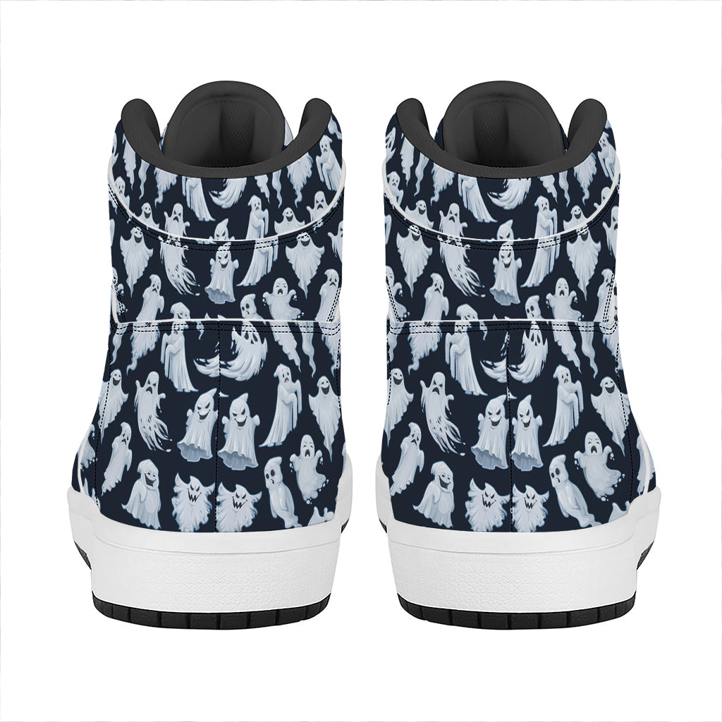 White Ghost Pattern Print High Top Leather Sneakers