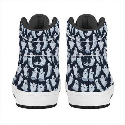 White Ghost Pattern Print High Top Leather Sneakers