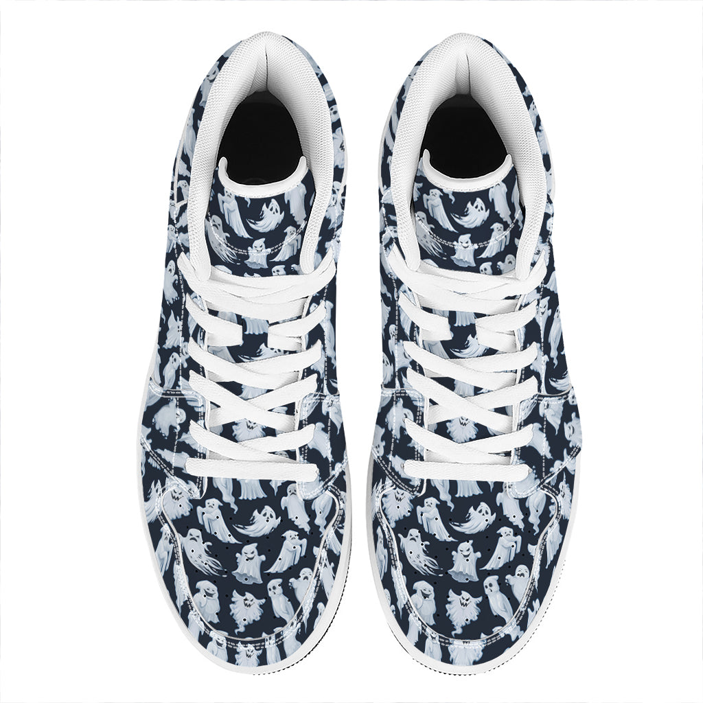 White Ghost Pattern Print High Top Leather Sneakers