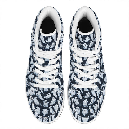 White Ghost Pattern Print High Top Leather Sneakers