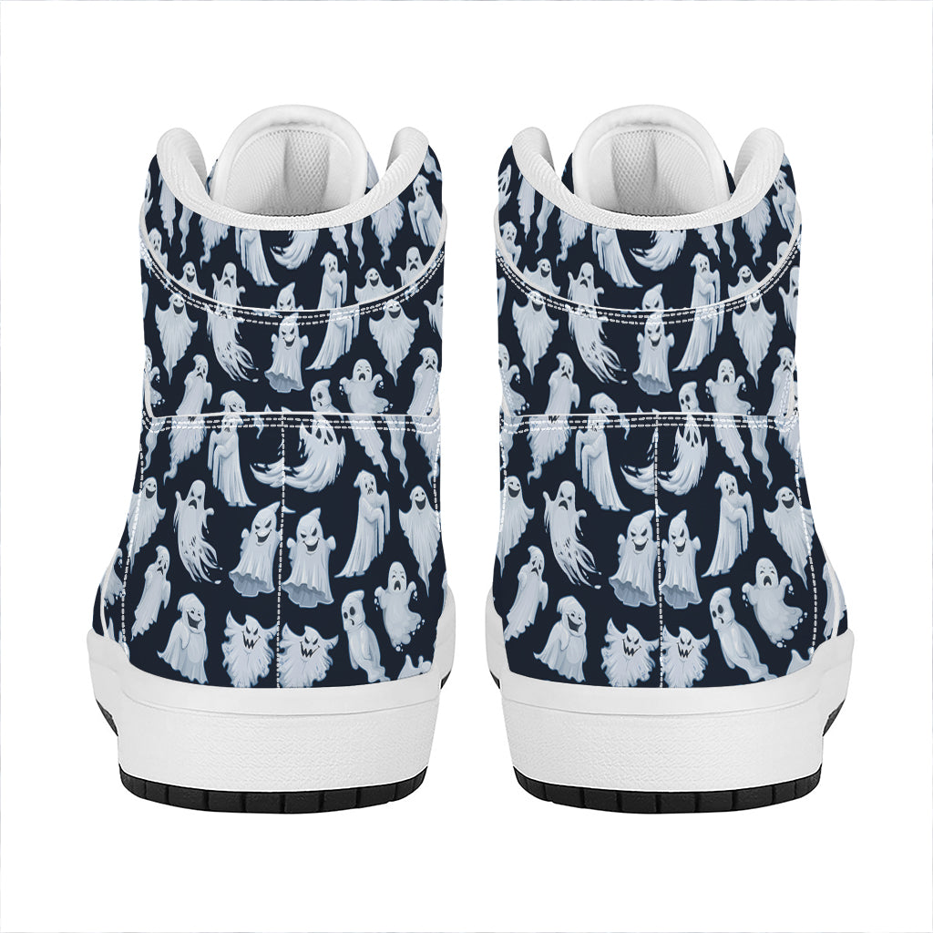 White Ghost Pattern Print High Top Leather Sneakers