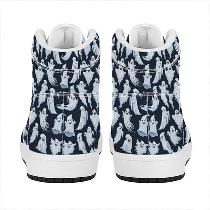 White Ghost Pattern Print High Top Leather Sneakers