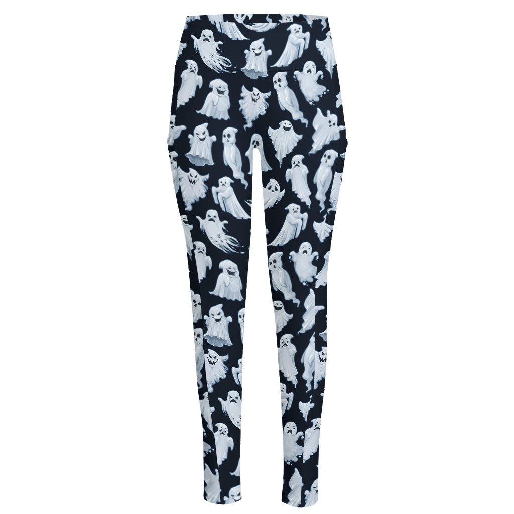 White Ghost Pattern Print High-Waisted Pocket Leggings