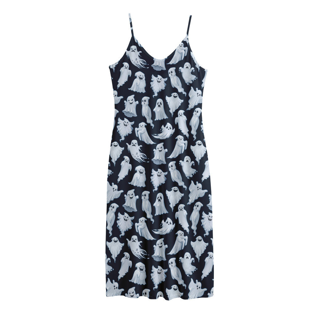 White Ghost Pattern Print Jersey Midi Cami Dress
