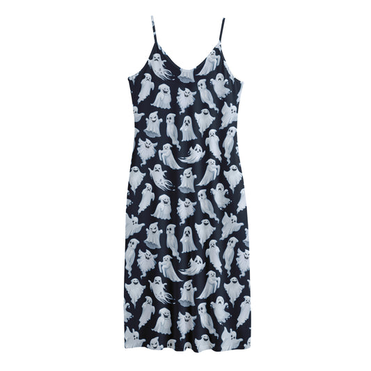 White Ghost Pattern Print Jersey Midi Cami Dress