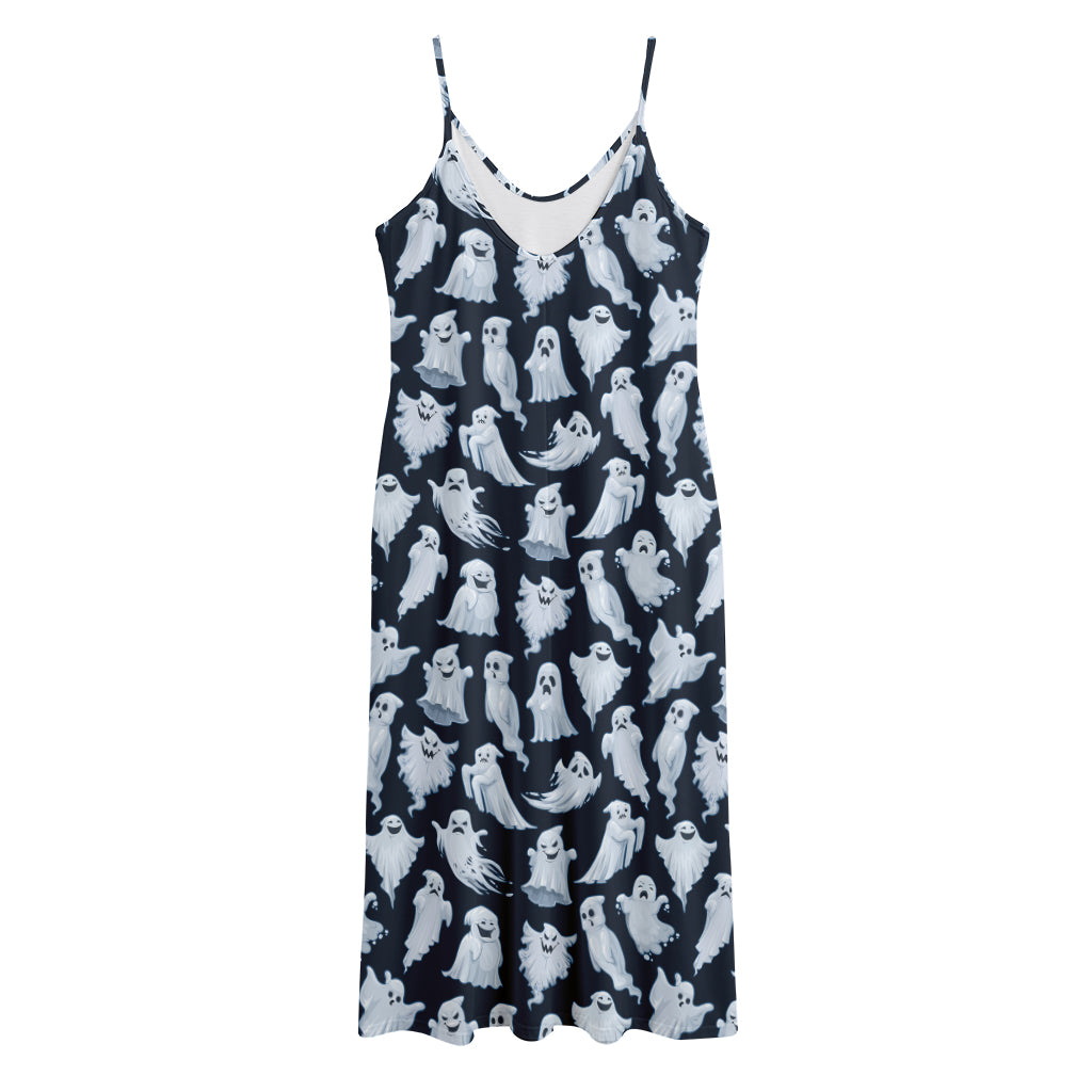 White Ghost Pattern Print Jersey Midi Cami Dress
