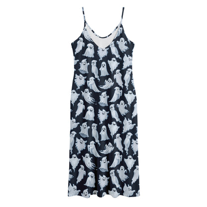 White Ghost Pattern Print Jersey Midi Cami Dress