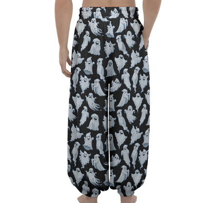 White Ghost Pattern Print Lantern Pants