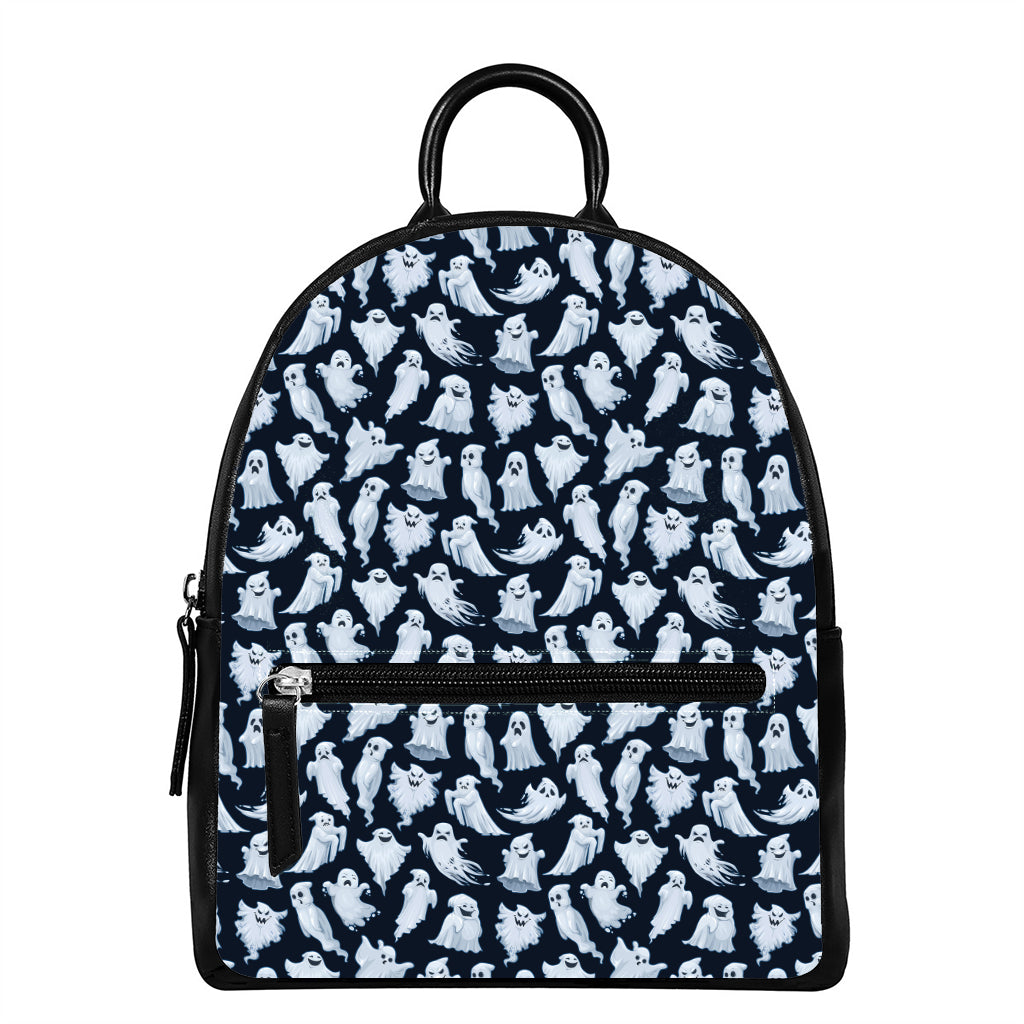 White Ghost Pattern Print Leather Backpack