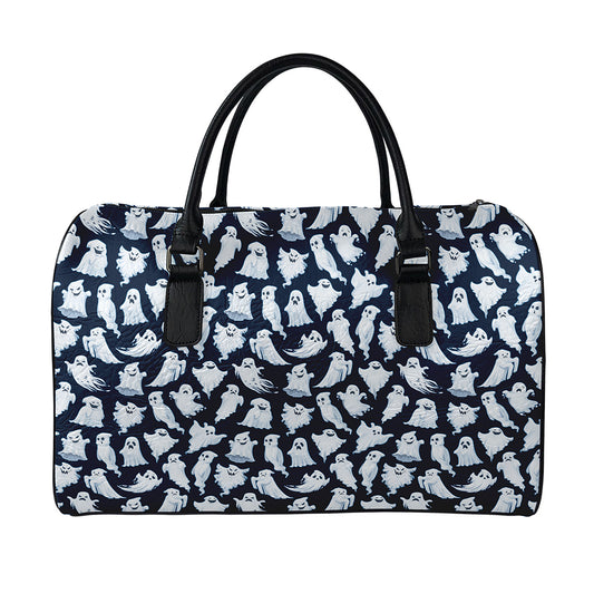 White Ghost Pattern Print Leather Duffle Bag