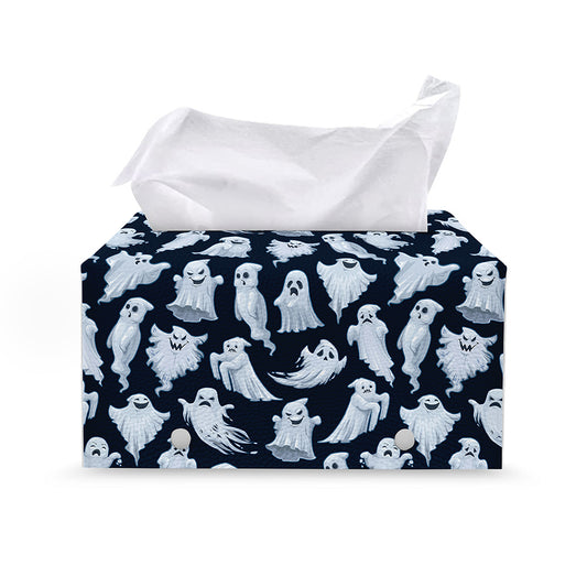 White Ghost Pattern Print Leather Tissue Box Cover