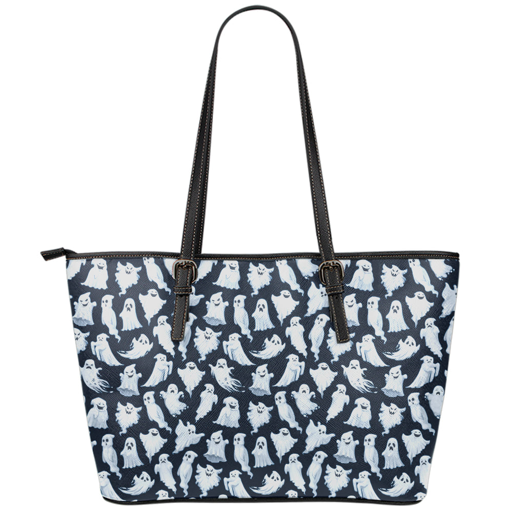 White Ghost Pattern Print Leather Tote Bag
