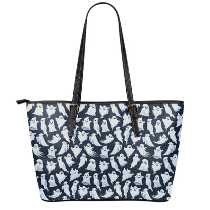 White Ghost Pattern Print Leather Tote Bag