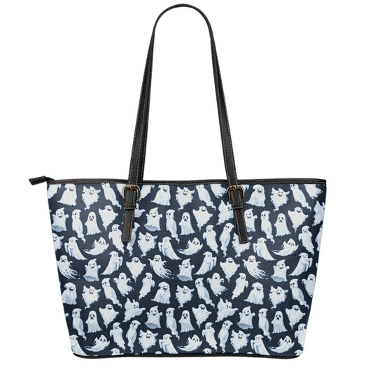White Ghost Pattern Print Leather Tote Bag