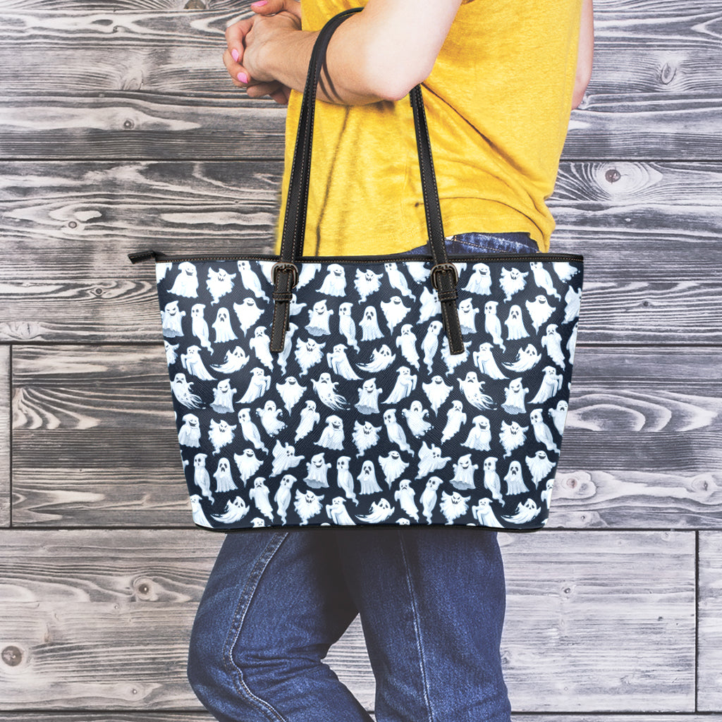 White Ghost Pattern Print Leather Tote Bag