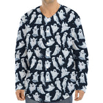 White Ghost Pattern Print Long Sleeve Baseball Jersey