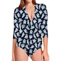 White Ghost Pattern Print Long Sleeve Swimsuit