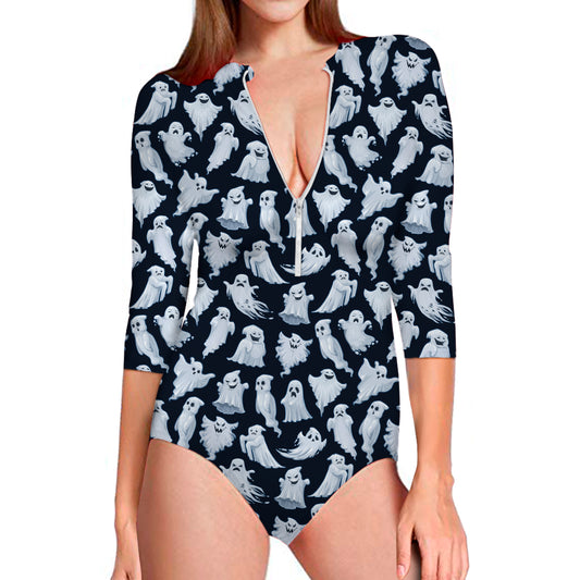 White Ghost Pattern Print Long Sleeve Swimsuit