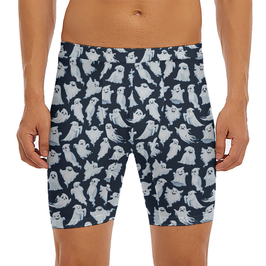 White Ghost Pattern Print Men's Long Boxer Briefs