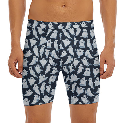 White Ghost Pattern Print Men's Long Boxer Briefs