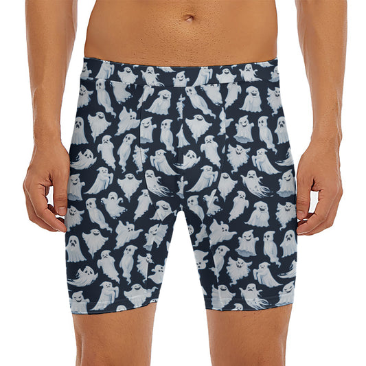 White Ghost Pattern Print Men's Long Boxer Briefs