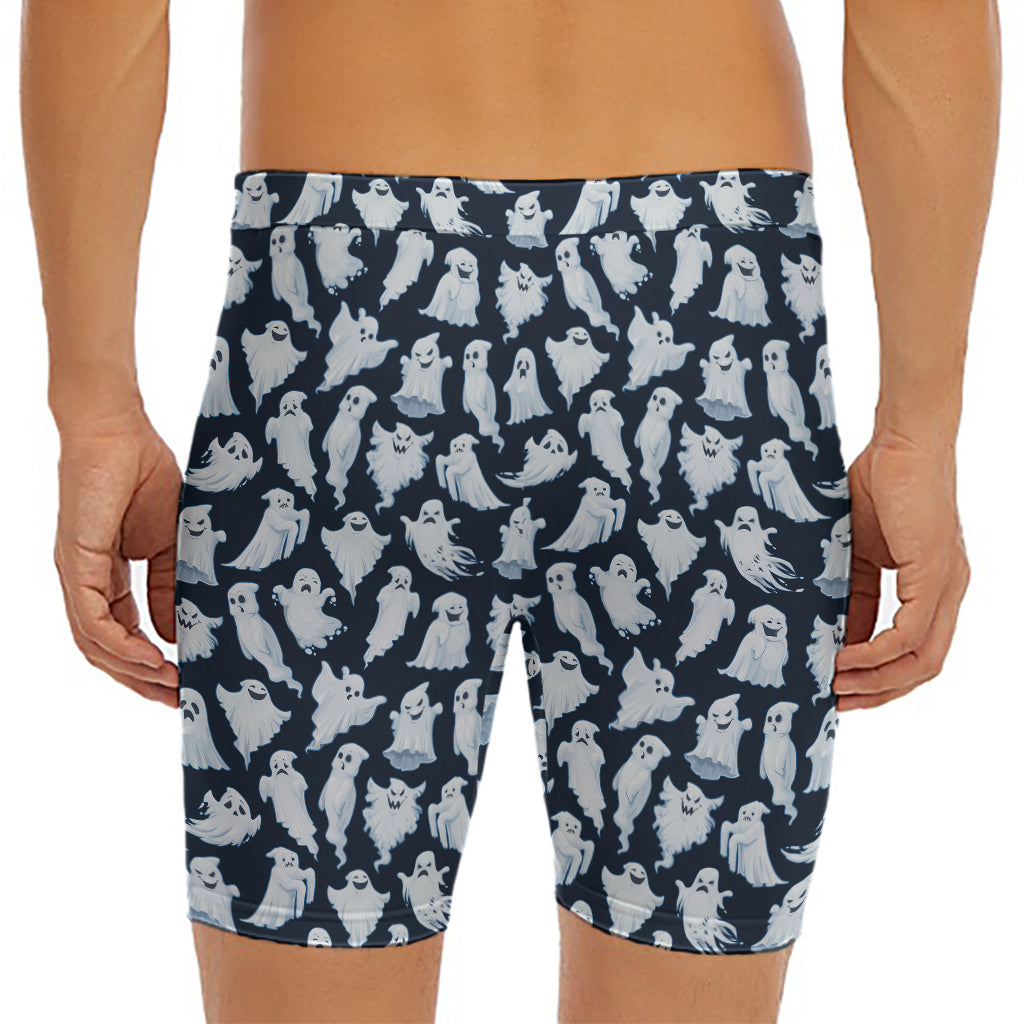 White Ghost Pattern Print Men's Long Boxer Briefs