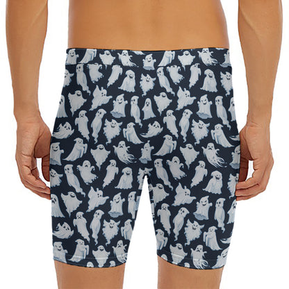 White Ghost Pattern Print Men's Long Boxer Briefs