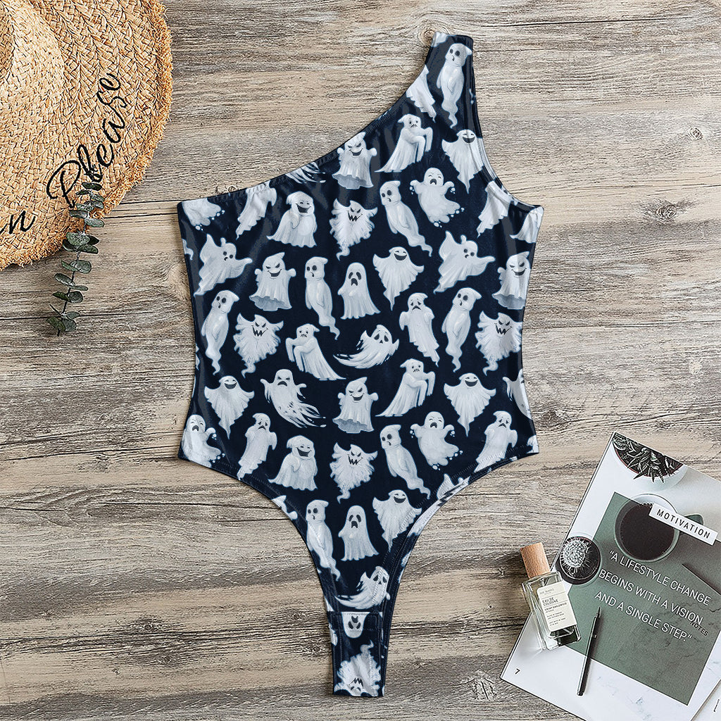 White Ghost Pattern Print One Shoulder Bodysuit