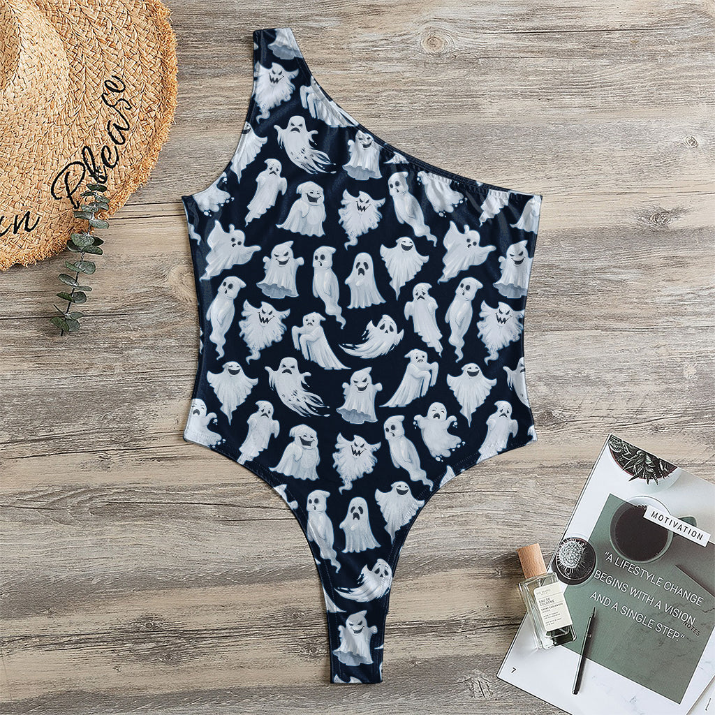 White Ghost Pattern Print One Shoulder Bodysuit