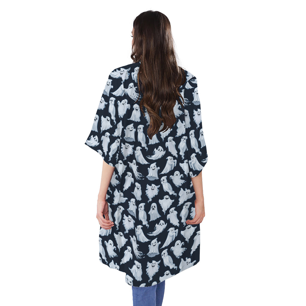 White Ghost Pattern Print Open Front Beach Cover Up