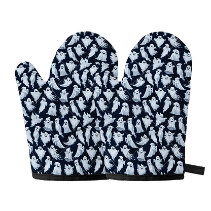White Ghost Pattern Print Oven Mitts