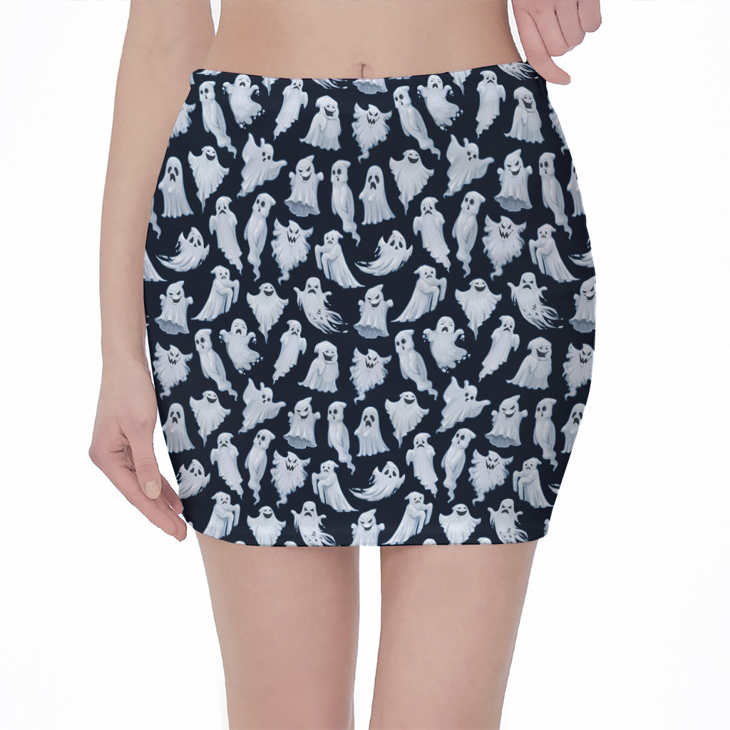 White Ghost Pattern Print Pencil Mini Skirt