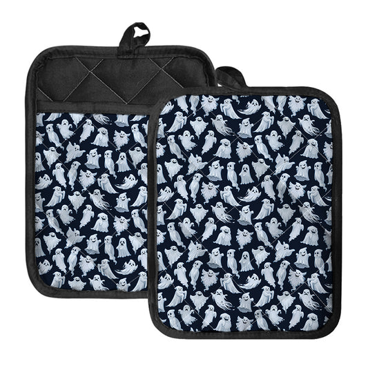 White Ghost Pattern Print Pot Holders With Pocket