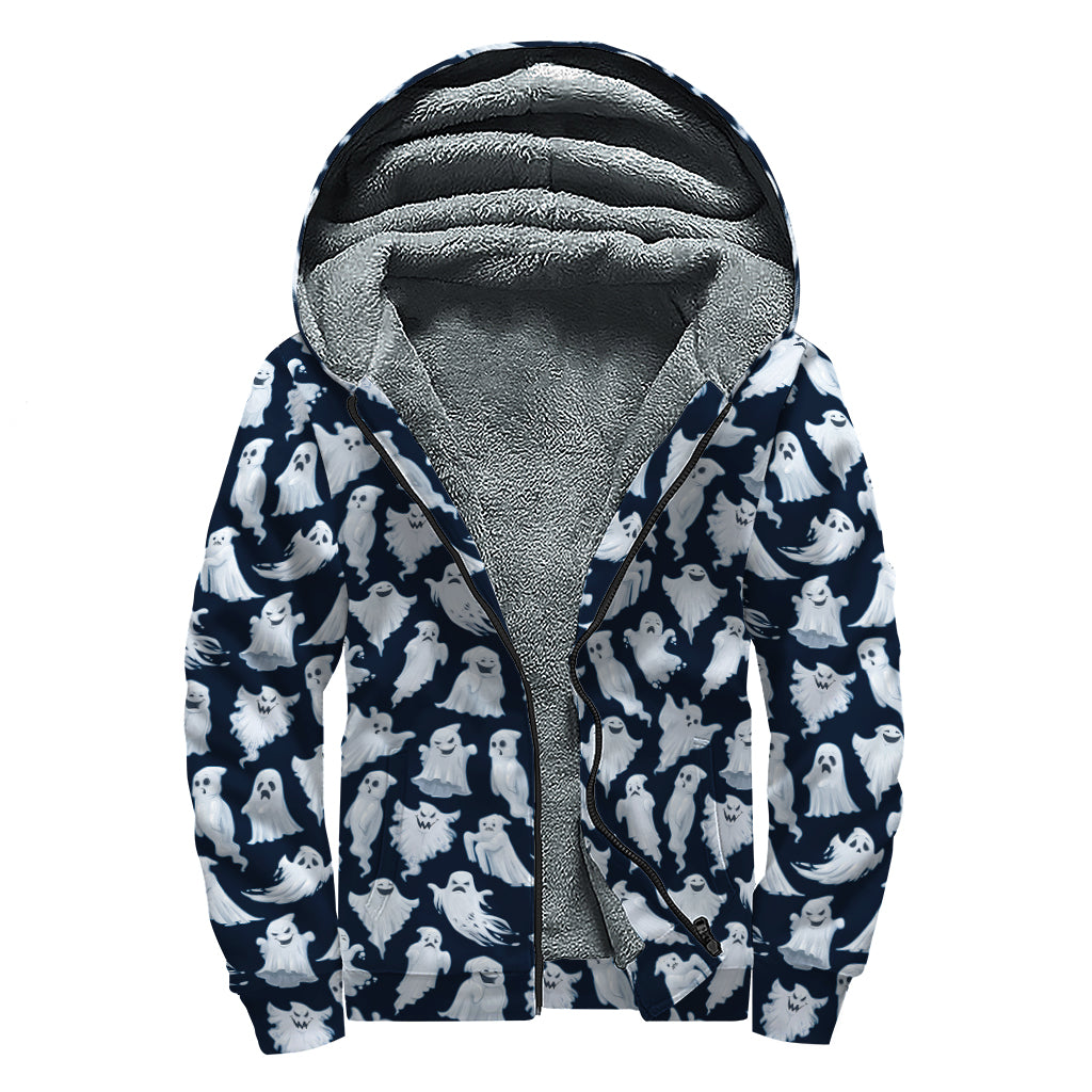 White Ghost Pattern Print Sherpa Lined Zip Up Hoodie