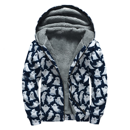 White Ghost Pattern Print Sherpa Lined Zip Up Hoodie