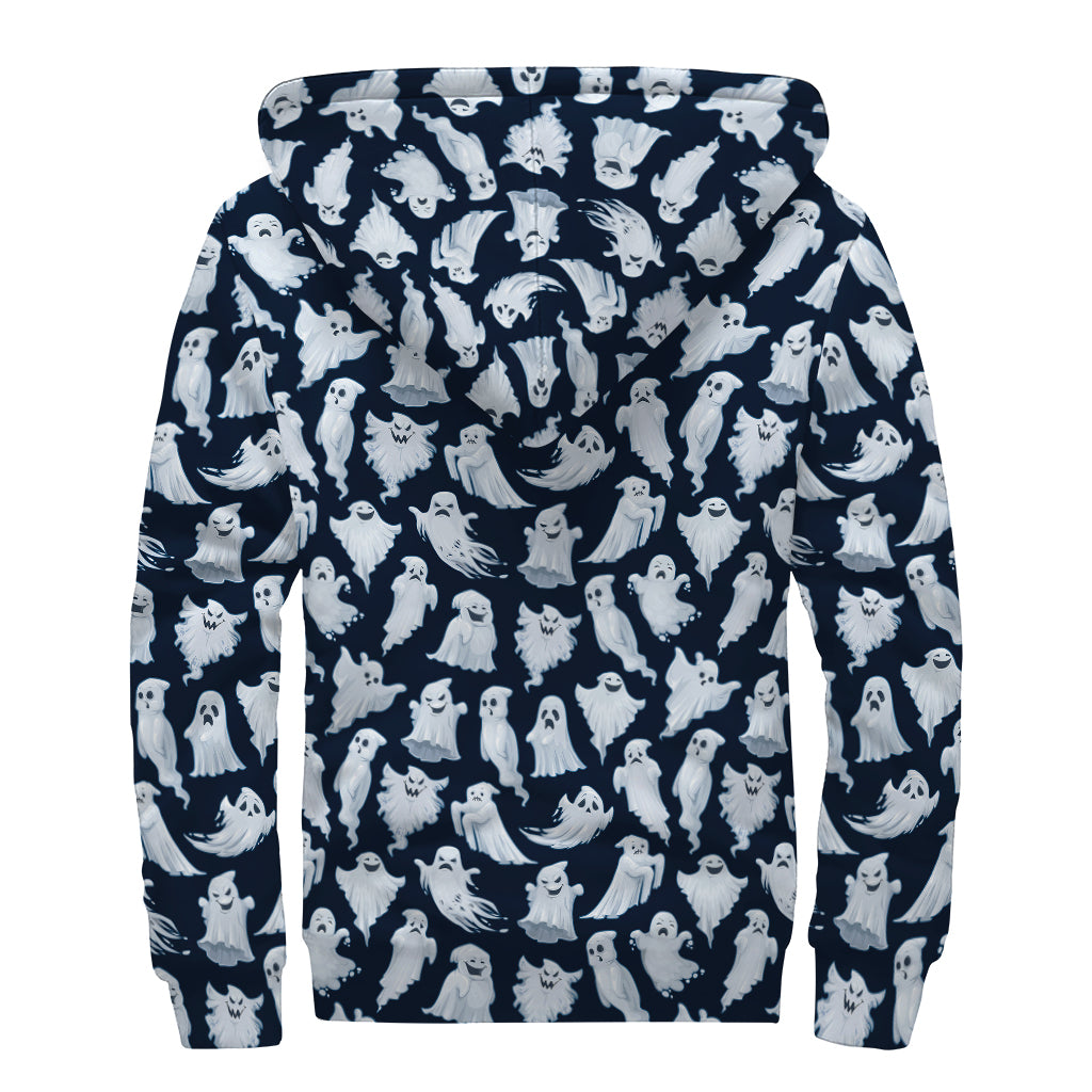White Ghost Pattern Print Sherpa Lined Zip Up Hoodie