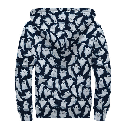 White Ghost Pattern Print Sherpa Lined Zip Up Hoodie