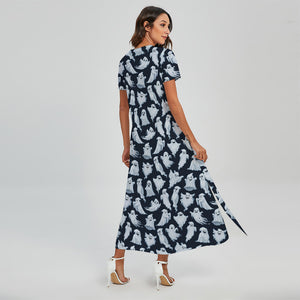 White Ghost Pattern Print Short Sleeve Maxi Dress