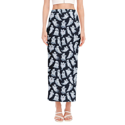 White Ghost Pattern Print Side Slit Maxi Skirt