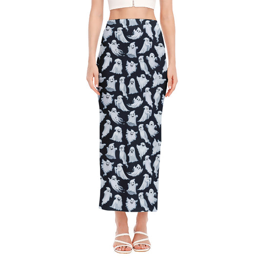 White Ghost Pattern Print Side Slit Maxi Skirt