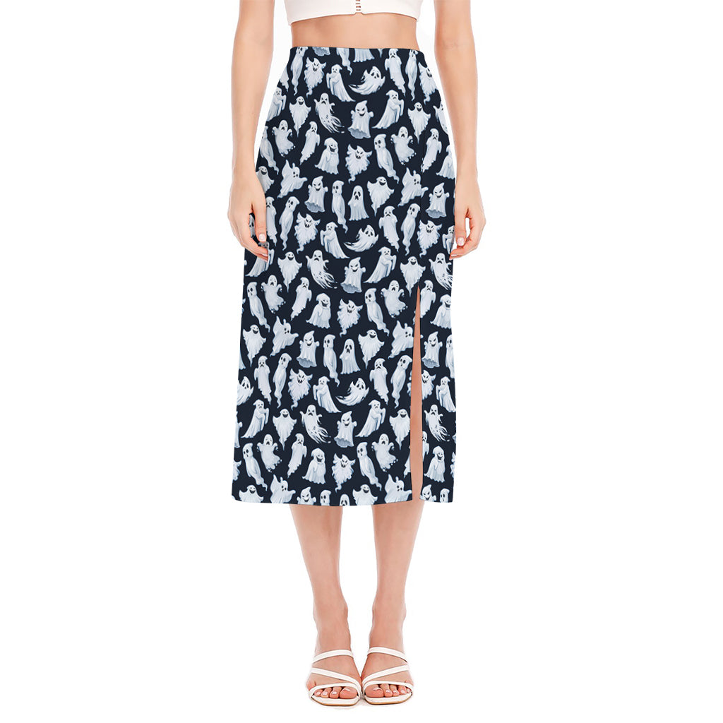 White Ghost Pattern Print Side Slit Midi Skirt