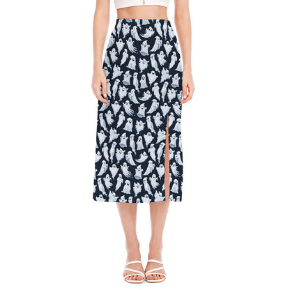 White Ghost Pattern Print Side Slit Midi Skirt