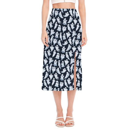 White Ghost Pattern Print Side Slit Midi Skirt