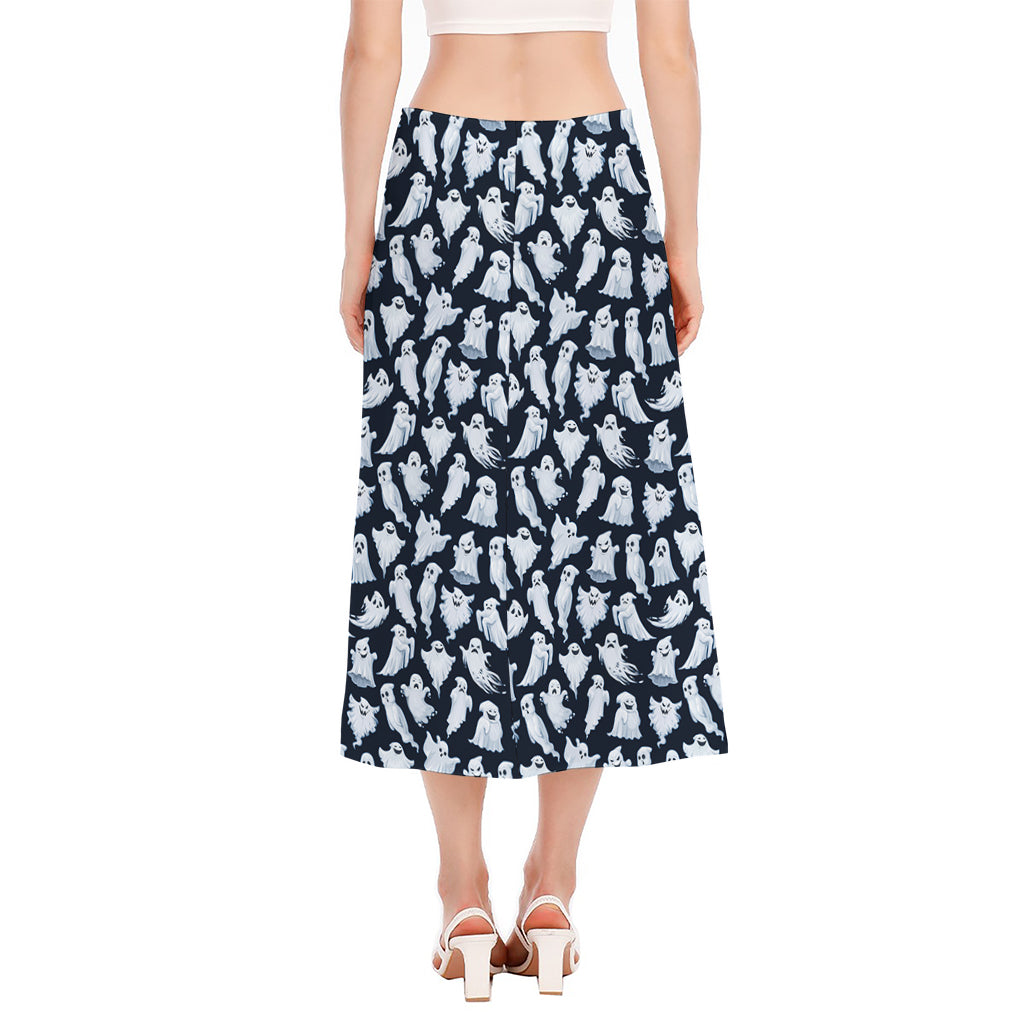 White Ghost Pattern Print Side Slit Midi Skirt