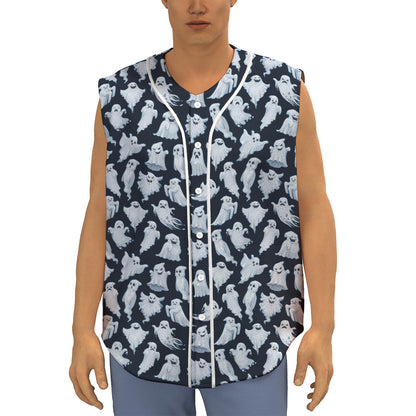 White Ghost Pattern Print Sleeveless Baseball Jersey