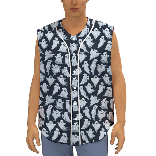 White Ghost Pattern Print Sleeveless Baseball Jersey